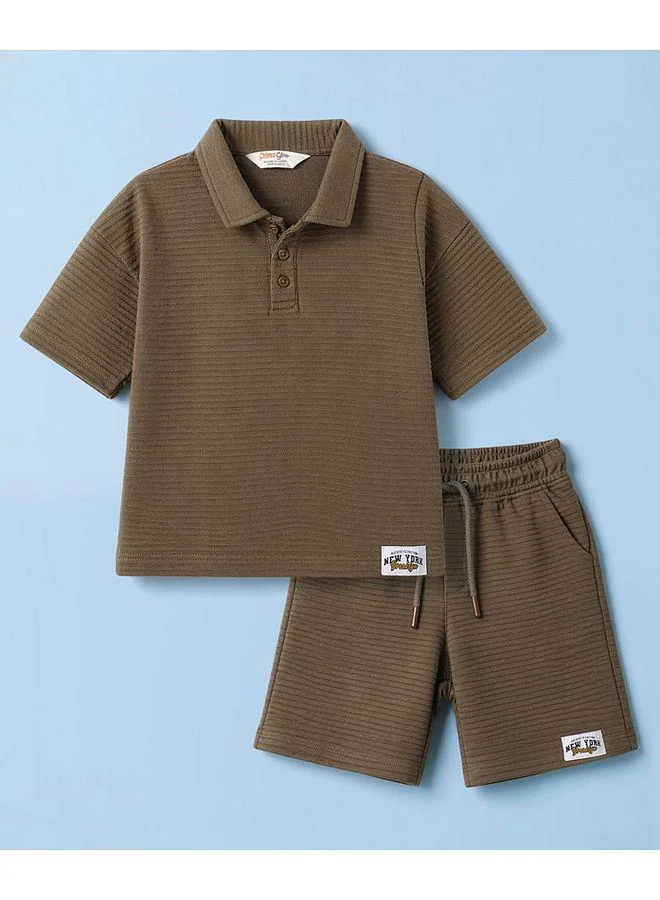 Primo Gino Primo Gino 100% Cotton Knit Horizontal Textured Fabric Oversized Drop Shoulder Half Sleeves Solid Polo T-Shirt & Shorts Set - Coffee Brown
