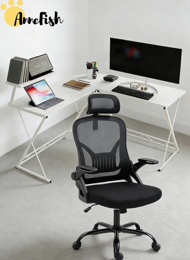 آن فش طقم مكتب وكرسي: كرسي مكتب شبكي مريح، مكتب ألعاب على شكل حرف L بطول 120 سم، كرسي مكتب مزود بدعم قطني قابل للتعديل، مكتب كمبيوتر متعدد الوظائف مع رف تخزين وأدراج. - Image 1