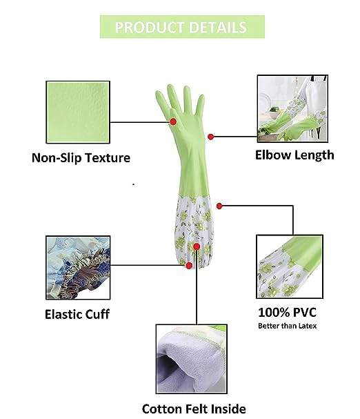 PUHBRHY Reusable Rubber Latex PVC Flock lined Heavy Duty Hand gloves for Dishwashing Long Elbow Hand GlovesSafety Kitchen for Cleaning Gardening Laundry multipupose usable glovesPAIR 1green - Image 2