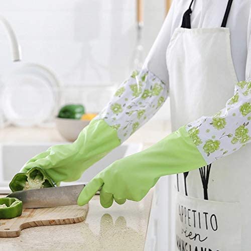 PUHBRHY Reusable Rubber Latex PVC Flock lined Heavy Duty Hand gloves for Dishwashing Long Elbow Hand GlovesSafety Kitchen for Cleaning Gardening Laundry multipupose usable glovesPAIR 1green - Image 3