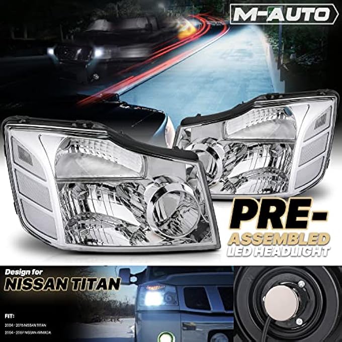 M-AUTO M Auto Oe Style Chrome Headlight Assembly W 4 Pre Assembled 6000K Led Bulbs Replacement For 04 15 Nissan Titan  2004 2005 2006 2007 Armada ChromeClear  Clear Corner - Image 3