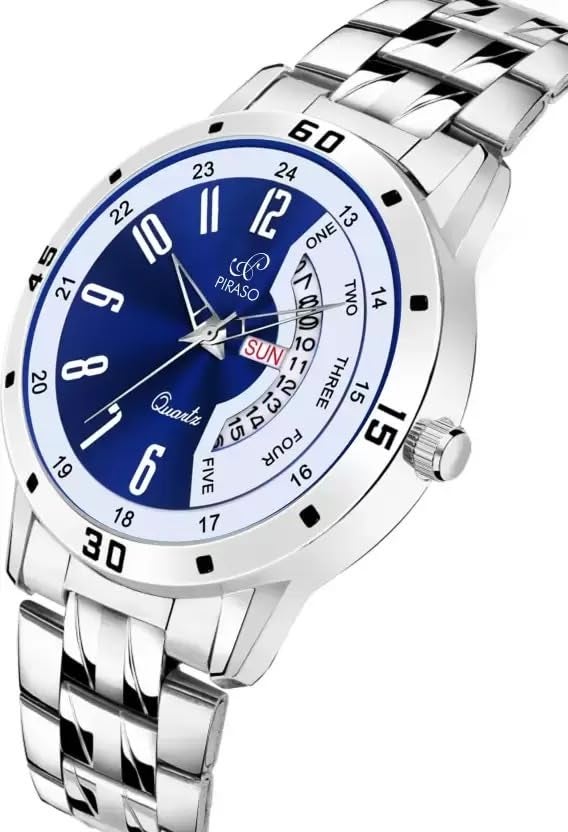 PIRASO Analog Day and Date Working Display Blue DIAL&Silver Chain Watch for Men&Boys - Image 5