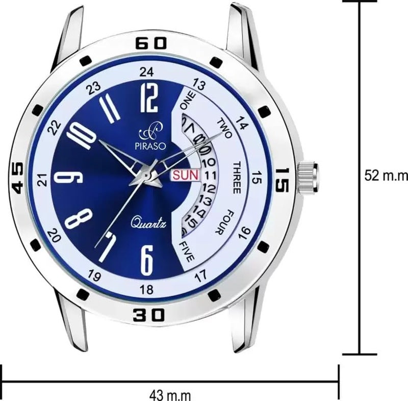 PIRASO Analog Day and Date Working Display Blue DIAL&Silver Chain Watch for Men&Boys - Image 4