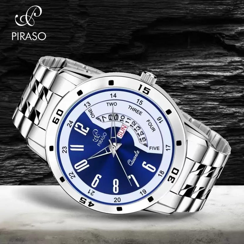 PIRASO Analog Day and Date Working Display Blue DIAL&Silver Chain Watch for Men&Boys - Image 2