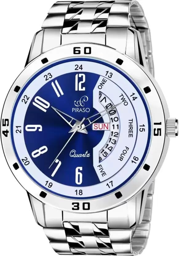 PIRASO Analog Day and Date Working Display Blue DIAL&Silver Chain Watch for Men&Boys - Image 1