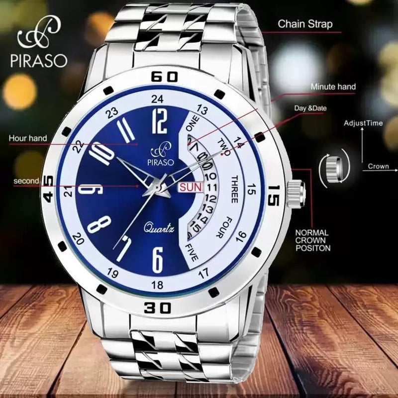 PIRASO Analog Day and Date Working Display Blue DIAL&Silver Chain Watch for Men&Boys - Image 3