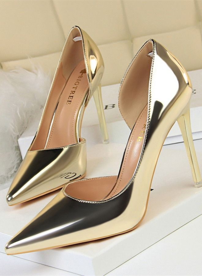 BIGTREE أحذية كعب عالٍ معدنية فاخرة 10.5 سم ذهبية