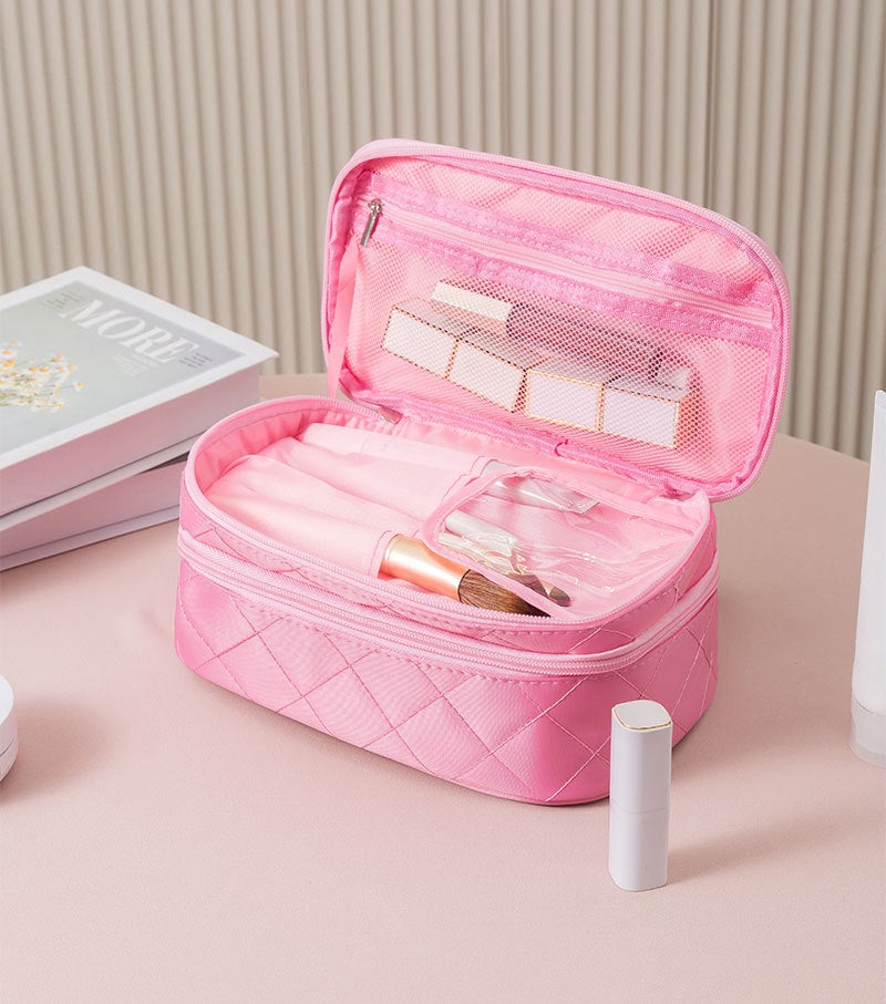 Double Layer Makeup Bag with Strap, Large Cosmetic Case for Women, Make Up Organizer for Brushes, Beauty, Eyeshadow Palette, Lipstick, pink - Image 2