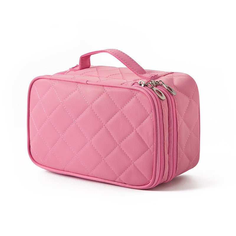 Double Layer Makeup Bag with Strap, Large Cosmetic Case for Women, Make Up Organizer for Brushes, Beauty, Eyeshadow Palette, Lipstick, pink - Image 1