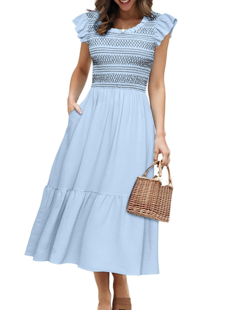 Simplee Apparel Simplee Womens Summer Midi Dress Casual Boho Smocked Waist Flutter Sleeve A Line Flowy Tiered Dress with Pockets Blue - Image 1