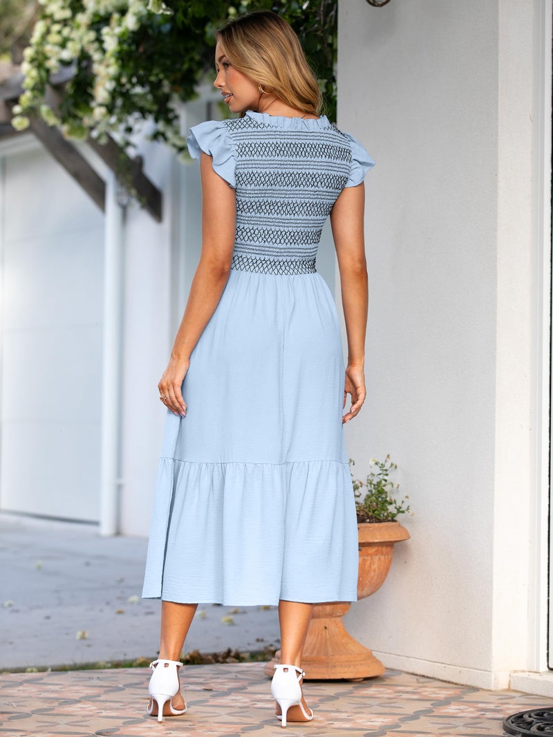 Simplee Apparel Simplee Womens Summer Midi Dress Casual Boho Smocked Waist Flutter Sleeve A Line Flowy Tiered Dress with Pockets Blue - Image 4