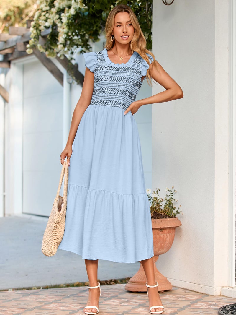 Simplee Apparel Simplee Womens Summer Midi Dress Casual Boho Smocked Waist Flutter Sleeve A Line Flowy Tiered Dress with Pockets Blue - Image 5