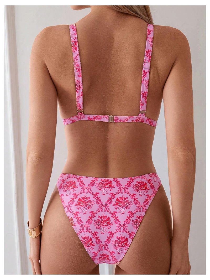 ZAFUL Women's 2 Piece Floral Print Swimsuit Triangle String High Cut Bikini Sets Bathing Suit(2-Pink, S) - Image 2