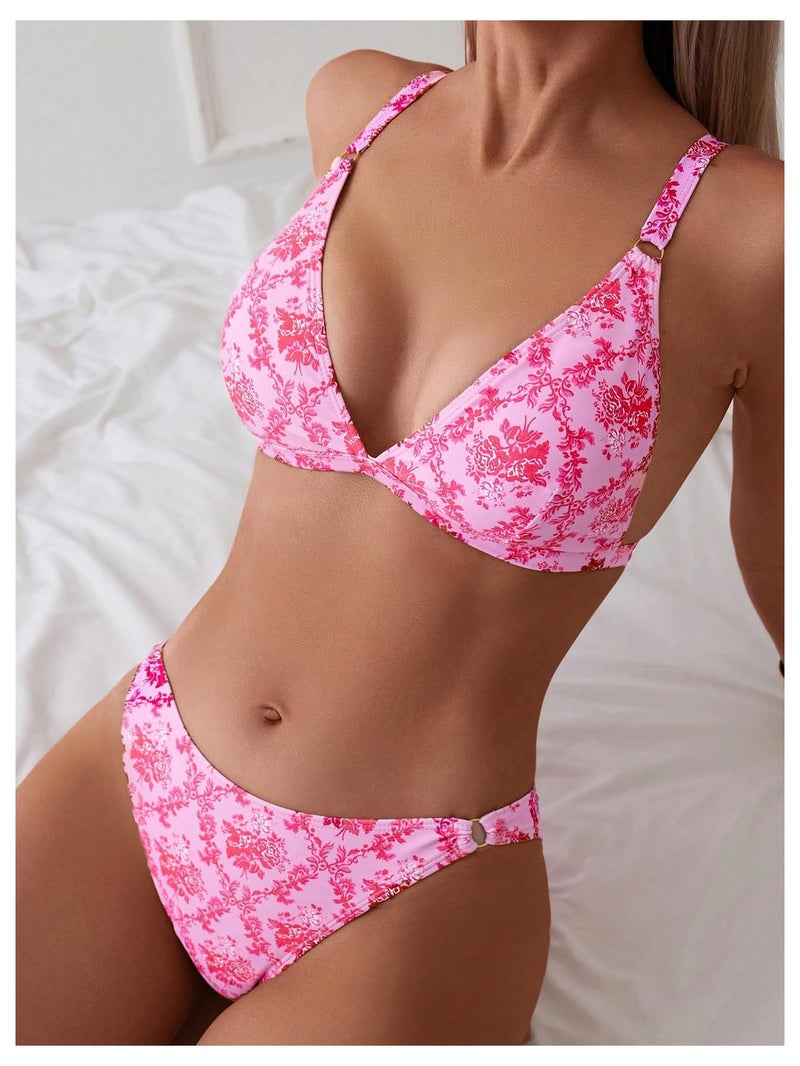 ZAFUL Women's 2 Piece Floral Print Swimsuit Triangle String High Cut Bikini Sets Bathing Suit(2-Pink, S) - Image 3