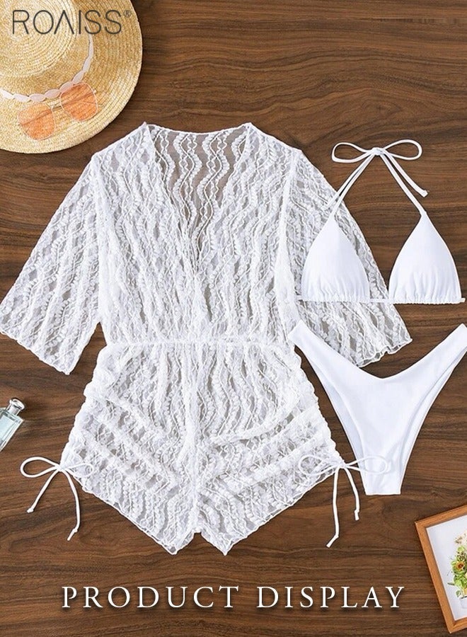 roaiss 3-Piece Women's Bikini Set Neck Tied Bra And High Waisted Swimming Trunks Flower Lace Beach Waist Elastic Smock - Image 1