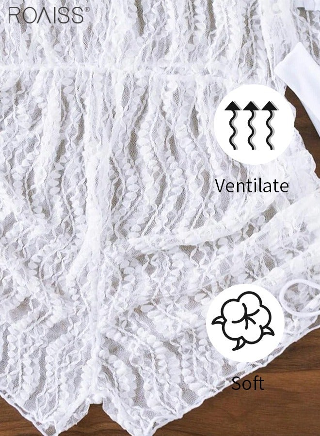 roaiss 3-Piece Women's Bikini Set Neck Tied Bra And High Waisted Swimming Trunks Flower Lace Beach Waist Elastic Smock - Image 3