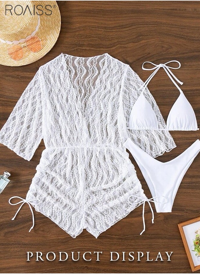 roaiss 3-Piece Women's Bikini Set Neck Tied Bra And High Waisted Swimming Trunks Flower Lace Beach Waist Elastic Smock  - Image 1