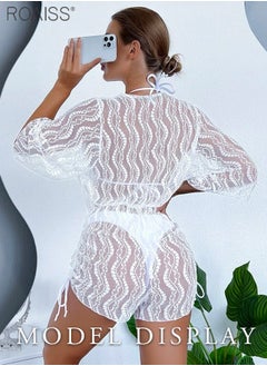 roaiss 3-Piece Women's Bikini Set Neck Tied Bra And High Waisted Swimming Trunks Flower Lace Beach Waist Elastic Smock  - Image 4