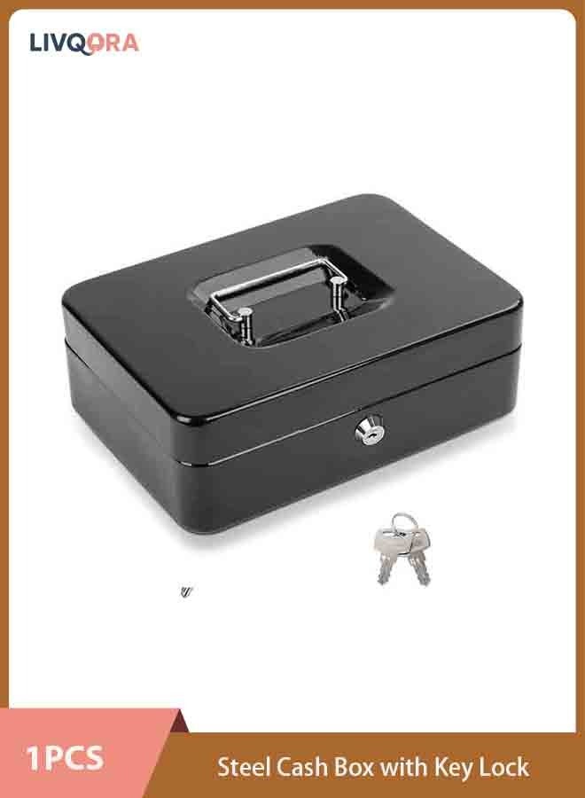ليفقورا صندوق نقود معدني بقفل مفتاح - منظم نقود مع صينية قابلة للإزالة، تخزين آمن للفئات والعملات والشيكات، صندوق نقود معدني مدمج للاستخدام المنزلي والتجاري والشخصي (أسود) - Image 1