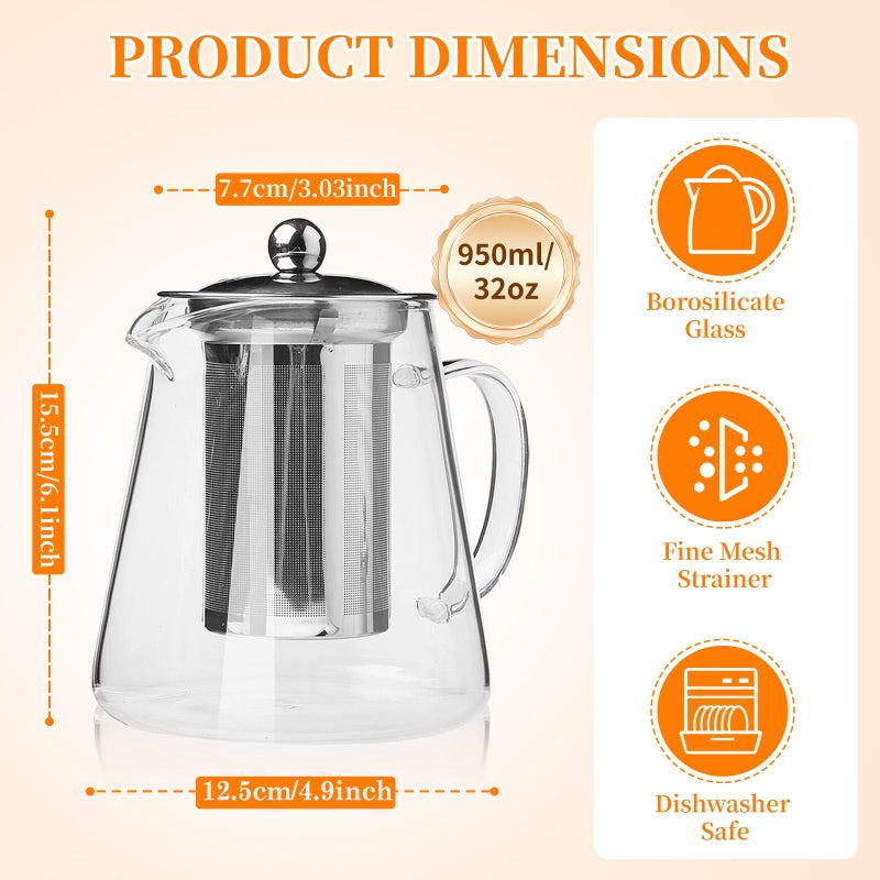 BanYakong Glass Teapot with Stainless Steel Infuser, Borosilicate Tea Kettle, Clear Tea Maker for Loose Leaf Tea (950ML) - Image 2