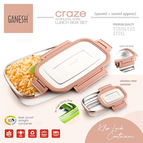 GANESH صندوق غداء غانيش كرايز من الفولاذ المقاوم للصدأ مع غطاء قفل جانبي 4 للاستخدام في المكتب والمدرسة/درجة غذائية/محكم الهواء/سهل الحمل/مضاد للتسرب (900 مل 1 قطعة + 200 مل 1 قطعة) وردي - Image 3