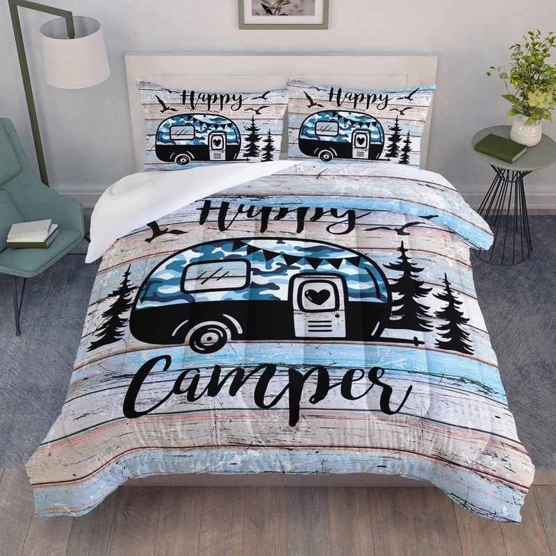 HOSIMA Happy Camping Decor Comforter Set,Camouflage Camper Bedding Twin Size for Kids Teen Girls Boys Room Decor,Camper Accessories for Travel Trailers Themed Bedding with 2 Pillowcases. - Image 1