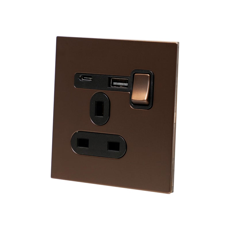 Donmarco Single UK Socket 13A - USB (5V 3.1A) + Type-C (18W) – Stainless Steel Panel, Fire-Resistant Electric Outlet, 3-Year Warranty, Dual Charging Ports, 13A Power Outlet (Dark Antique Brass) - Image 2