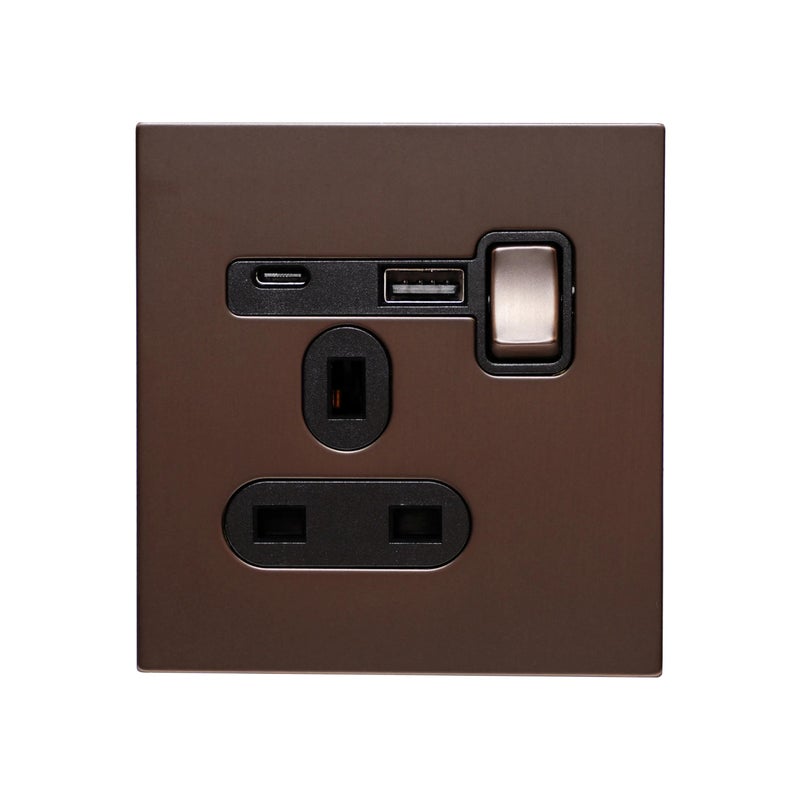 Donmarco Single UK Socket 13A - USB (5V 3.1A) + Type-C (18W) – Stainless Steel Panel, Fire-Resistant Electric Outlet, 3-Year Warranty, Dual Charging Ports, 13A Power Outlet (Dark Antique Brass) - Image 1