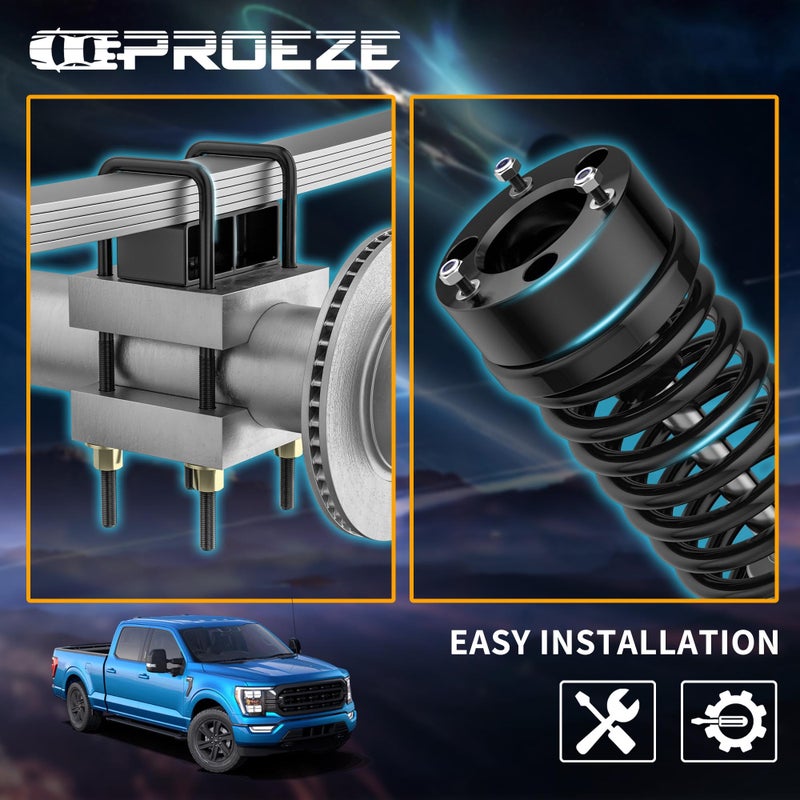 PROEZE 3" Front and 3" Rear Leveling Lift Kits for 2004-2020 F150 2WD 4WD, 3inch Front Strut Spacers and 3inch Rear Lift Blocks with Extended U Bolts - Image 3