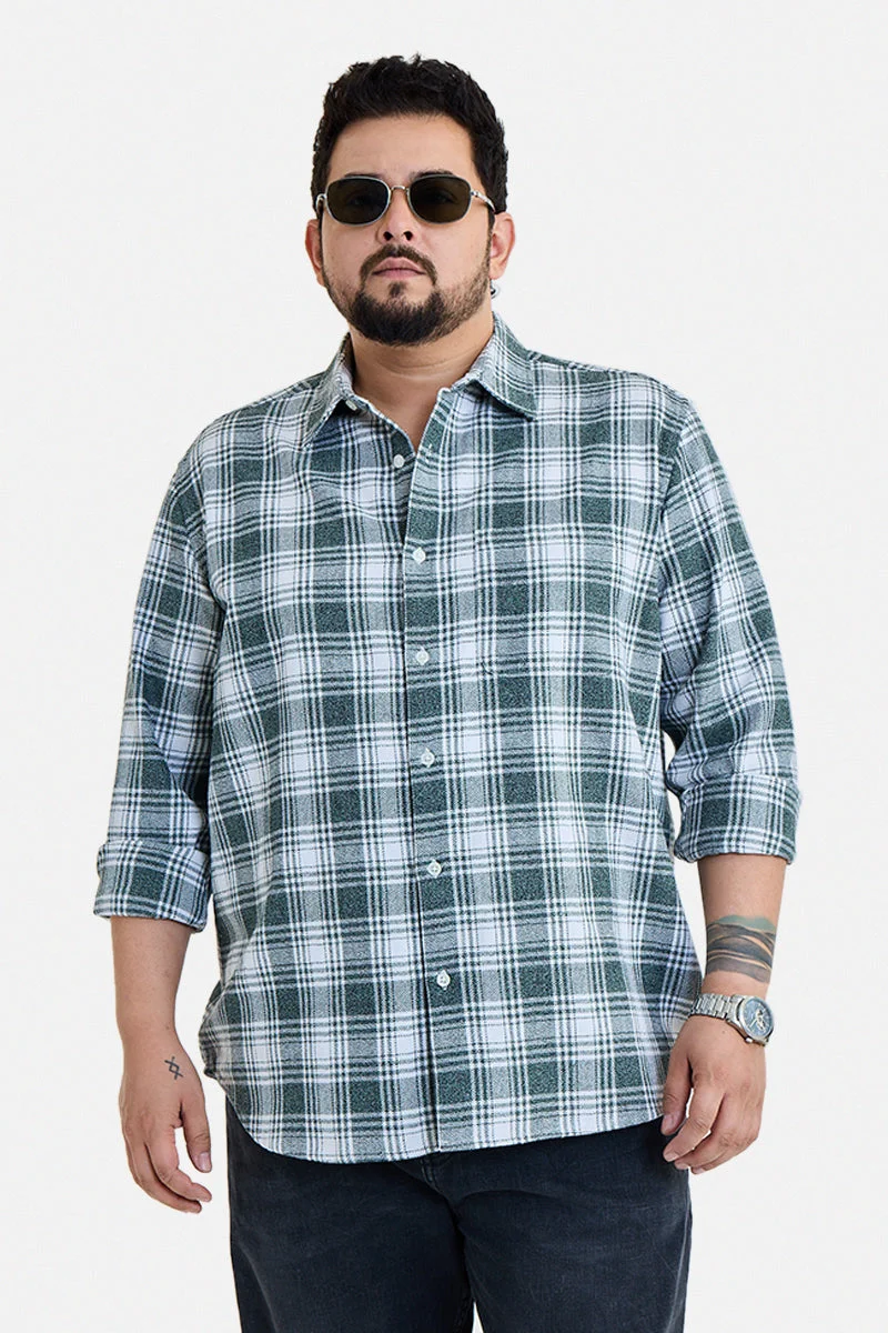 سنيتش Green Checkered Long Sleeve Regular Fit Plus Size Shirt