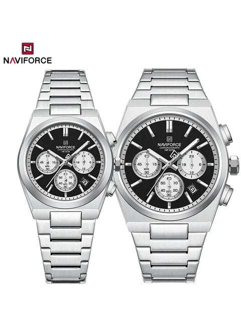 Matching Chronograph Watch Set with Multi Function Display Stainless Steel Strap Water Resistant Timepiece for Couples