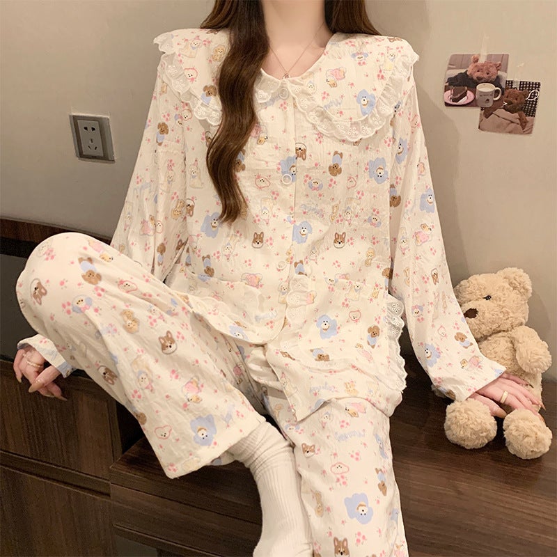 Spring and Autumn New Cloud Cotton Pajamas Women''s Long Sleeve Trousers Cute Bear Cardigan Sweet Home Clothes suit Wholesale - Image 4