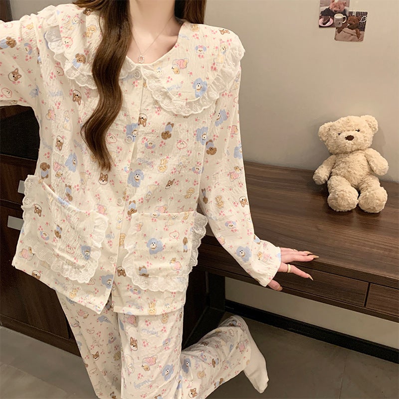 Spring and Autumn New Cloud Cotton Pajamas Women''s Long Sleeve Trousers Cute Bear Cardigan Sweet Home Clothes suit Wholesale - Image 3