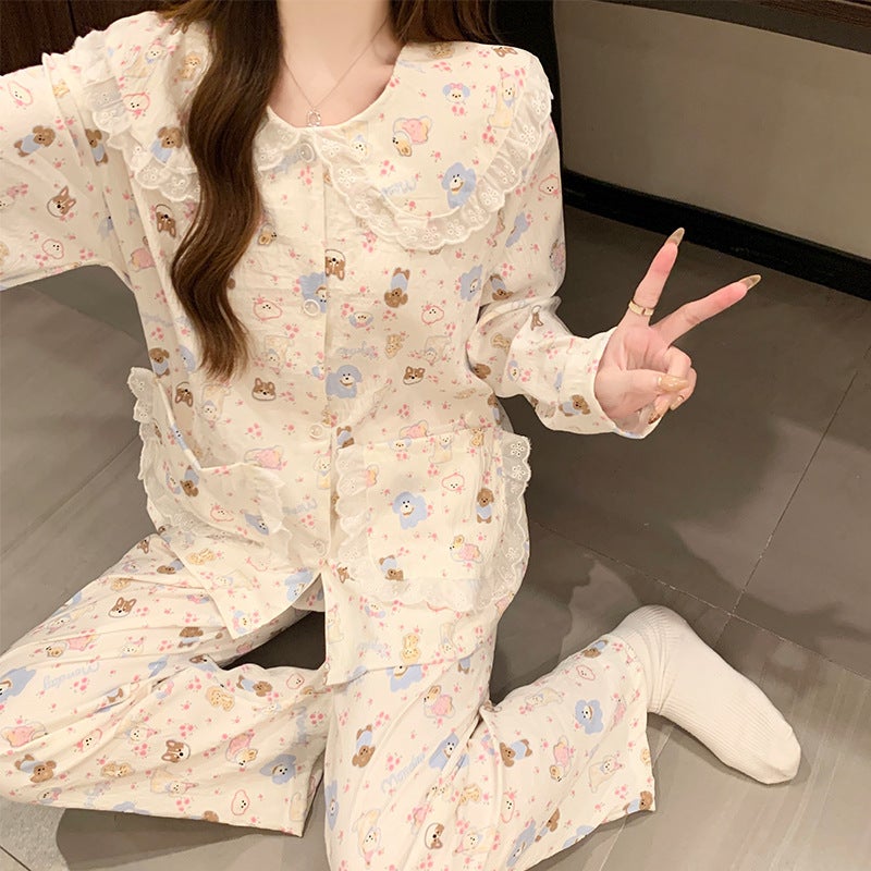 Spring and Autumn New Cloud Cotton Pajamas Women''s Long Sleeve Trousers Cute Bear Cardigan Sweet Home Clothes suit Wholesale - Image 2