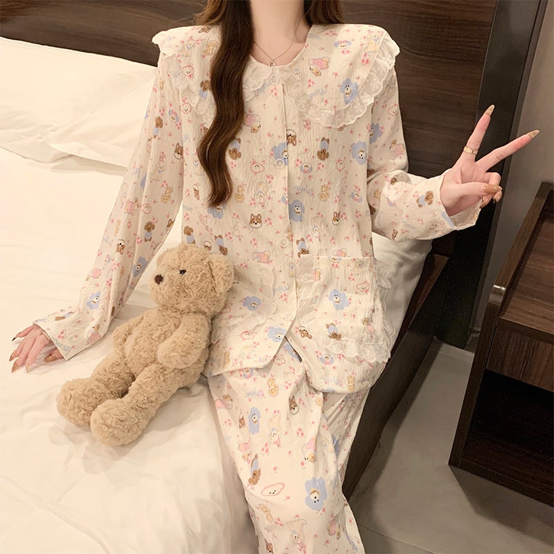 Spring and Autumn New Cloud Cotton Pajamas Women''s Long Sleeve Trousers Cute Bear Cardigan Sweet Home Clothes suit Wholesale - Image 5