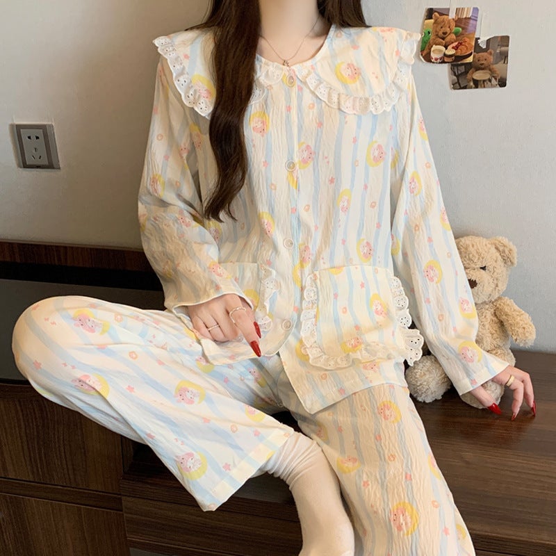 Spring and Autumn New Cloud Cotton Pajamas Women''s Long Sleeve Trousers Cute Bear Cardigan Sweet Home Clothes suit Wholesale - Image 1