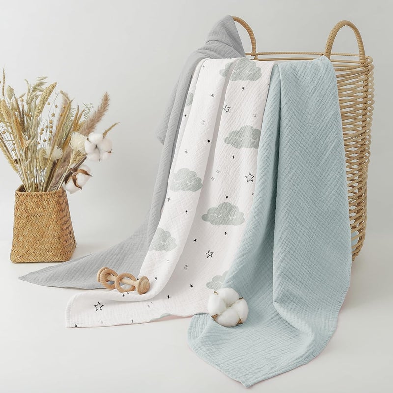 Bearmoss Muslin Swaddle Blankets 40 x 38 inches Baby Swaddle for Boys and Girls Soft Baby Blanket 3 Pack Breathable Nursery Receiving Blankets Cloud - Image 5