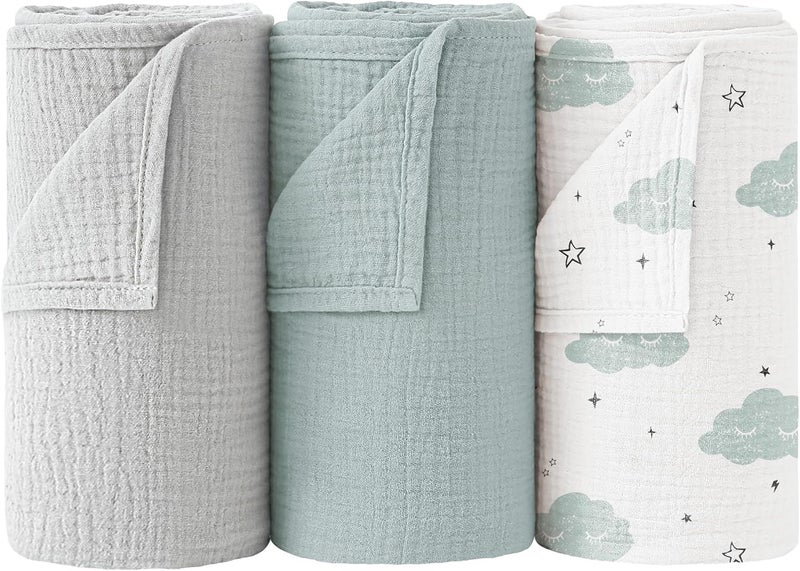 Bearmoss Muslin Swaddle Blankets 40 x 38 inches Baby Swaddle for Boys and Girls Soft Baby Blanket 3 Pack Breathable Nursery Receiving Blankets Cloud - Image 1