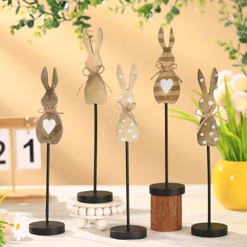 Seeloowy 5 Pieces Easter Table Decorations Wooden Bunny Table Sign Vintage Rabbit Tall Standing Tabletop Decor Rustic Easter Block Centerpiece for Spring Party Farmhouse Freestanding Home Office - Image 2