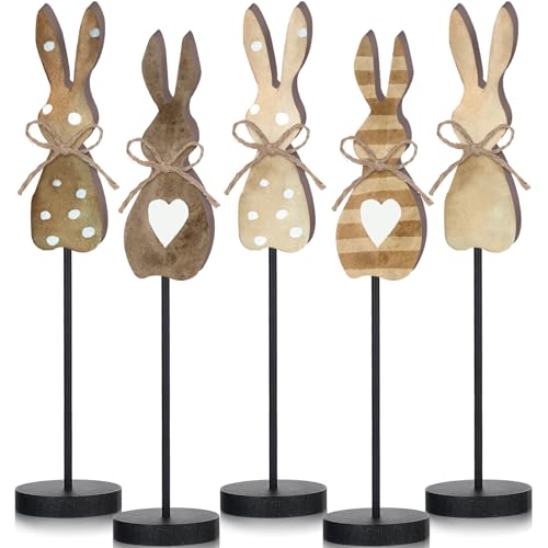 Seeloowy 5 Pieces Easter Table Decorations Wooden Bunny Table Sign Vintage Rabbit Tall Standing Tabletop Decor Rustic Easter Block Centerpiece for Spring Party Farmhouse Freestanding Home Office - Image 1