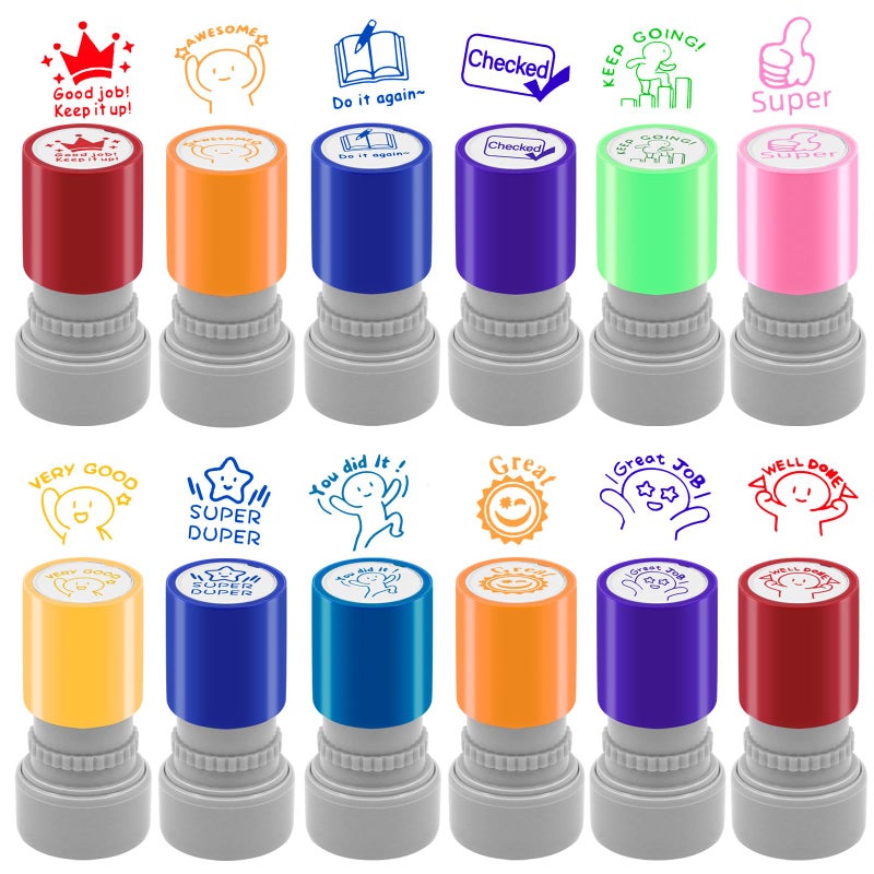 LOTMER 12 Pcs Teacher Stamps for Classroom, Rubber Colorful Stamps Classroom Rubber Stamp for Grading Homework Test Motivation Students Supplies - Image 1