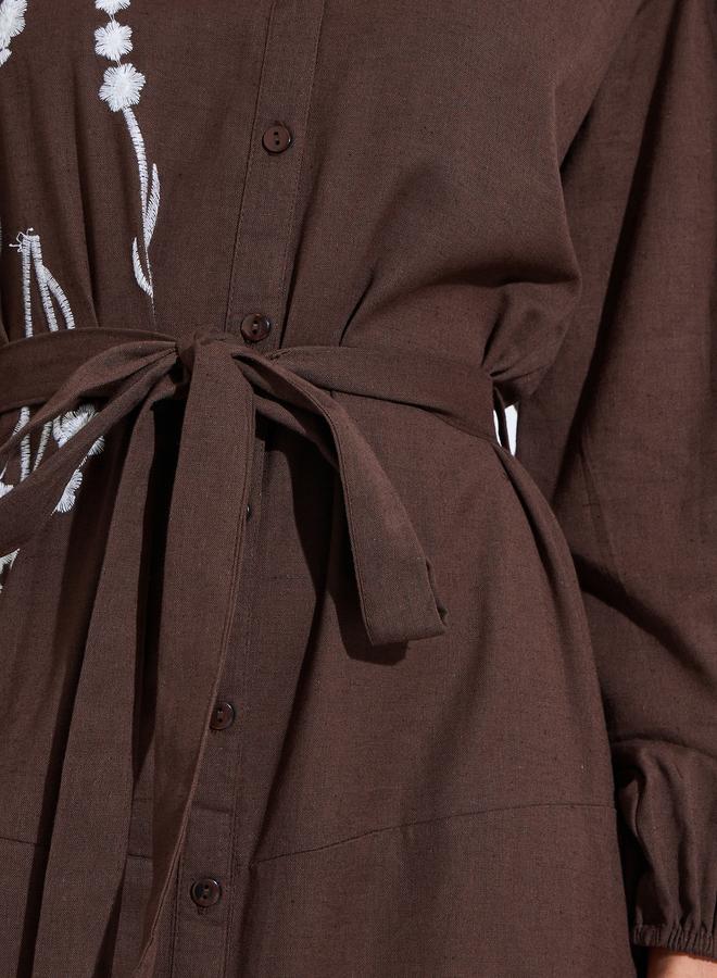 Styli Brown Embroidered Tie-Up Waist Puff Long Sleeves Shirt Maxi Dress - Image 4