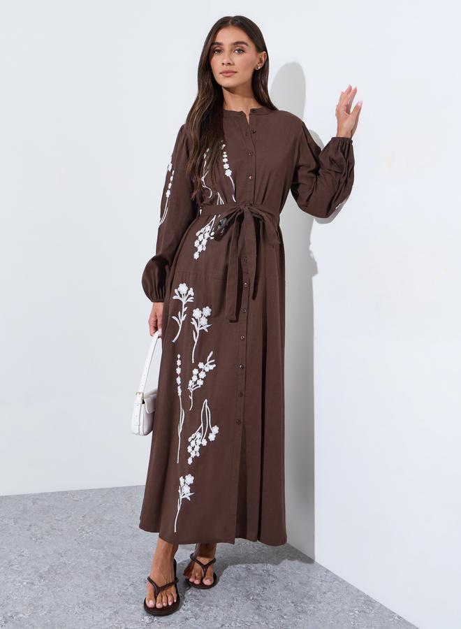 Styli Brown Embroidered Tie-Up Waist Puff Long Sleeves Shirt Maxi Dress - Image 1