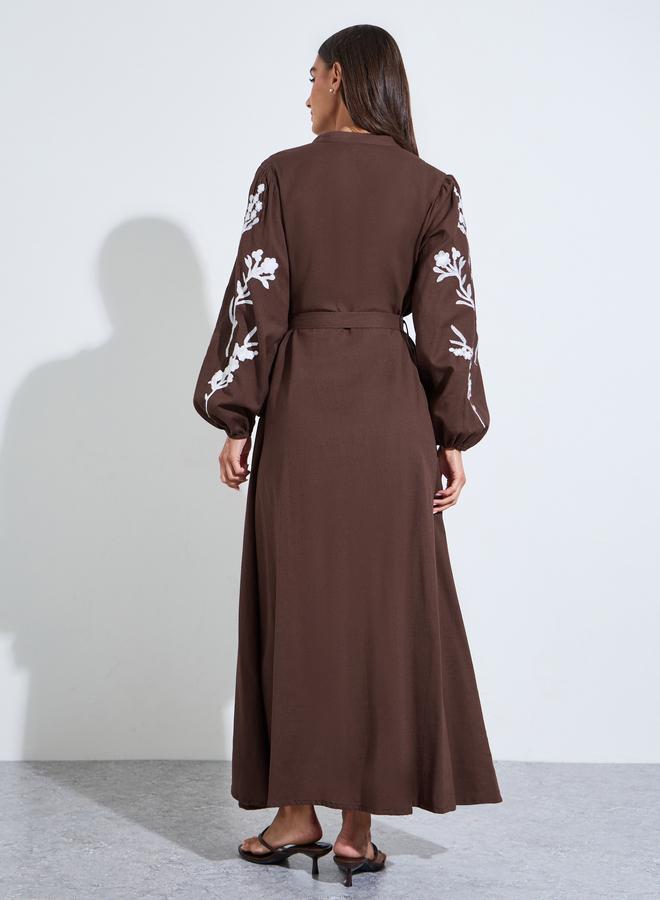 Styli Brown Embroidered Tie-Up Waist Puff Long Sleeves Shirt Maxi Dress - Image 3