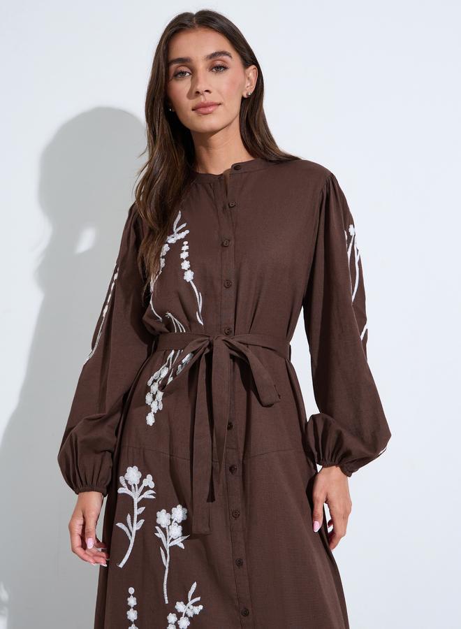 Styli Brown Embroidered Tie-Up Waist Puff Long Sleeves Shirt Maxi Dress - Image 2