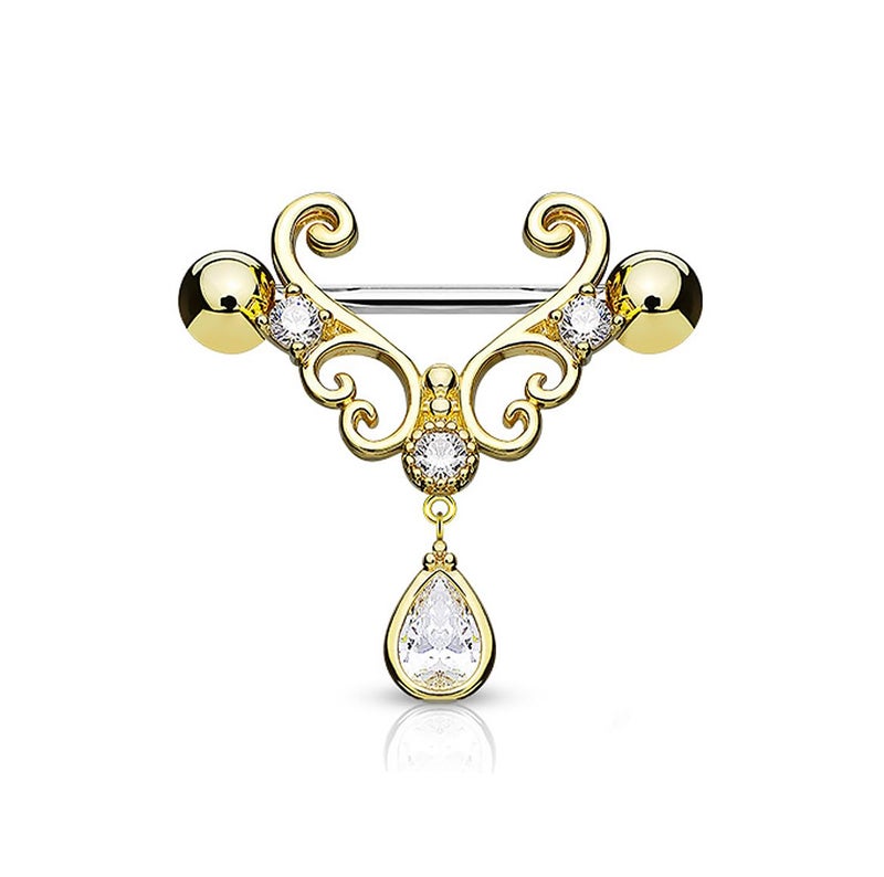 Teardrop Filigree Dangle Crystal Nipple Shield Piercing Jewelry – Gold