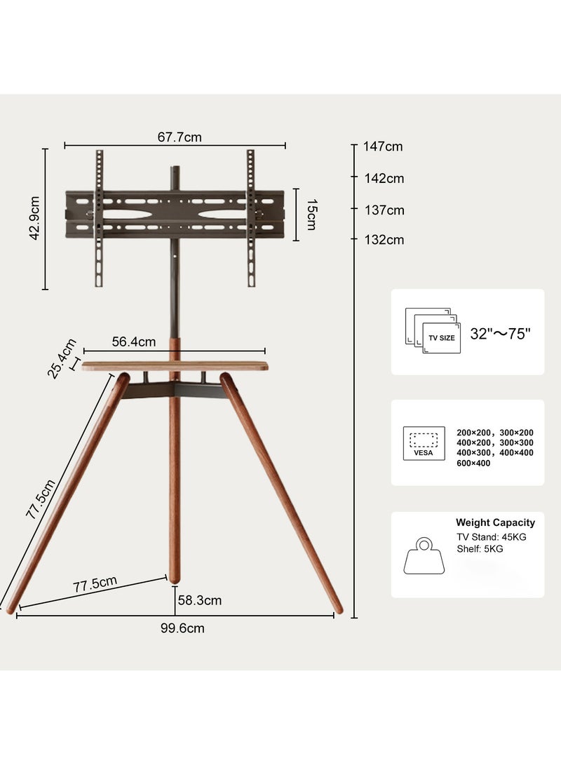 NOAEOU Portable Tripod Easel TV Floor Stand, Corner TV Kickstand-style Studio Height Adjustable and Swievel with Wooden Tray, VESA 600x400mm for 32 to 75 Inch LCD LED OLED Screen, Black - Image 3