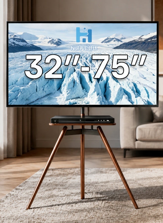 NOAEOU Portable Tripod Easel TV Floor Stand, Corner TV Kickstand-style Studio Height Adjustable and Swievel with Wooden Tray, VESA 600x400mm for 32 to 75 Inch LCD LED OLED Screen, Black - Image 1