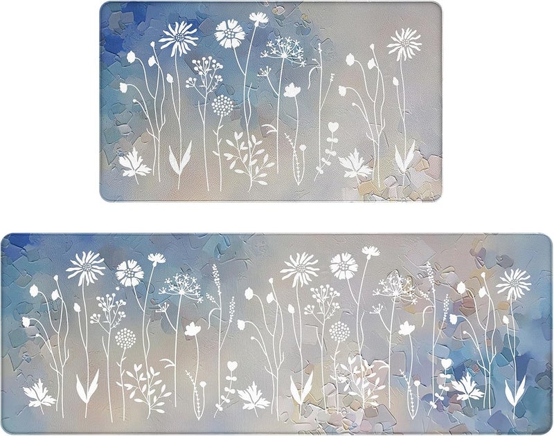 Rempry Blue Gradient Floral Kitchen Mat  NonSlip Waterproof Cushioned Kitchen Floor Mat for Sink Stove  Counter 17x4717x29 - Image 1
