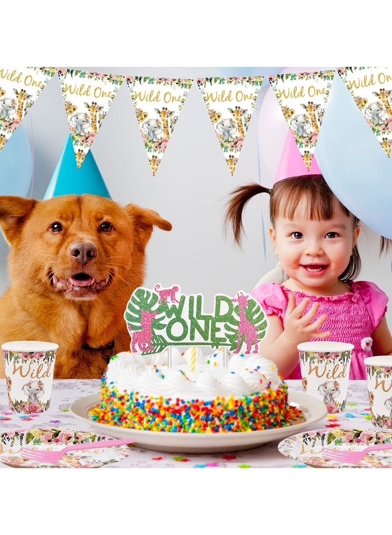 Jungle Animal Party Supplies 63 PCS Wild One Party Reusable Tableware Plates Paper Cups Napkins Tablecloth Straws Pennants Forks Set for Girls Kids Birthday Baby Shower Dinner Dessert Party Supplies - Image 3